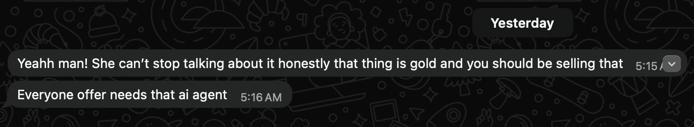 WhatsApp: she can't stop talking about it, honestly that thing is gold and you should be selling that. Every offer needs that AI agent.